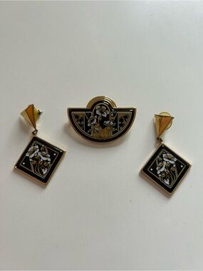 Michaela Frey Team Brooch and Earrings Set - Black and White Floral Art on Gold